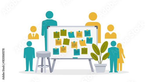 Team collaboration concept with people and sticky notes on whiteboard in flat design