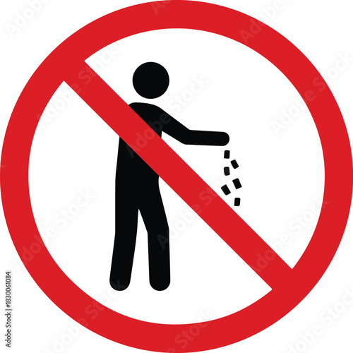 No littering warning symbol, person discarding trash forbidden by red circle with slash. environmental responsibility icon.