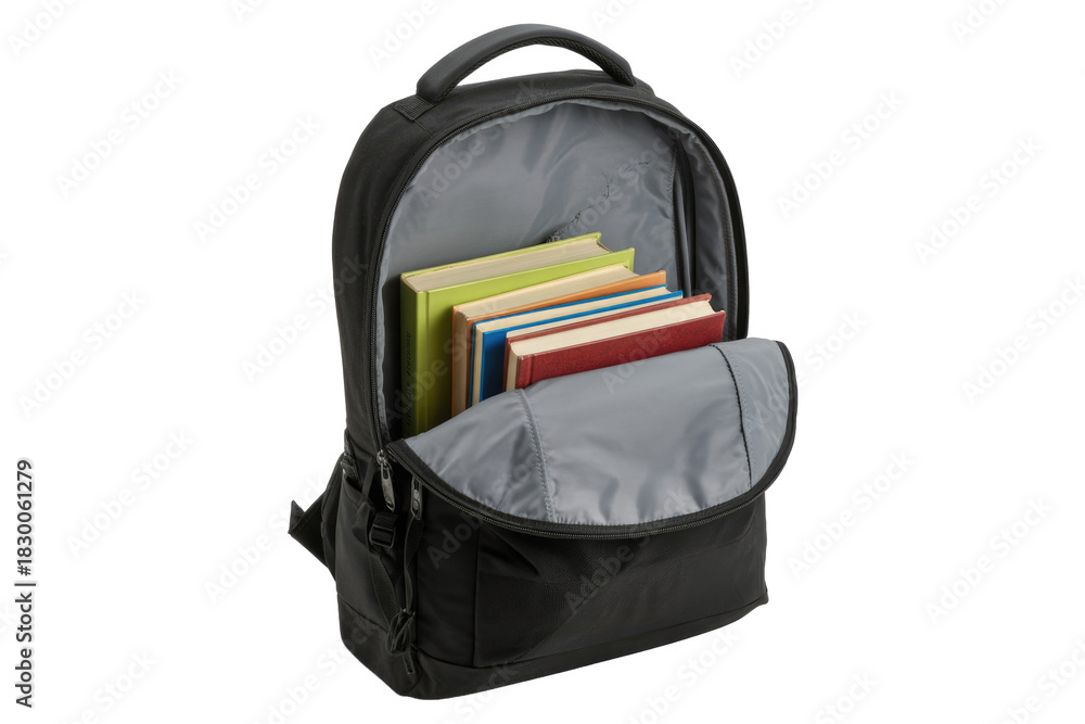 Fototapeta premium An open black backpack filled with multiple colorful books, ready for school, travel, or everyday use, on a transparent background. background removed