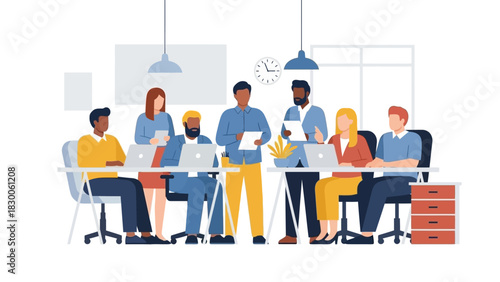 Diverse team collaborating in modern office environment with laptops and papers