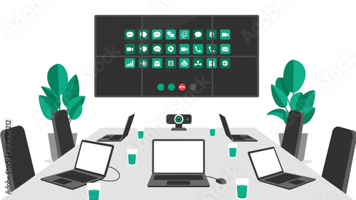 Modern conference room with video call technology and green accents