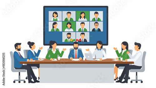 Business team conference in modern office with video call technology