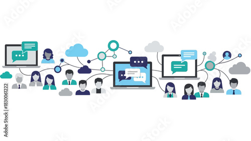 Digital communication network with people and devices in flat style