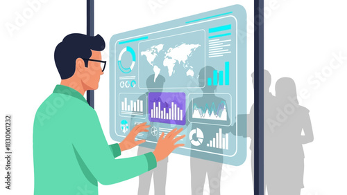 Futuristic business data analysis on interactive digital display