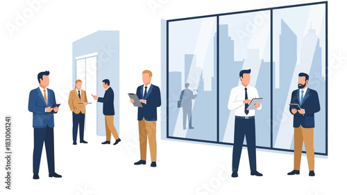 Business professionals engaging in office meeting with modern city view