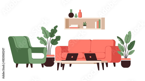 Modern flat style living room with red sofa and green armchair