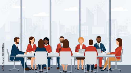 Business team meeting in modern office setting with cityscape view