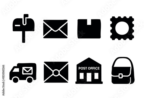 Flat black vector collection of postal service icons — mail, letters, parcels, and delivery — stock vector.