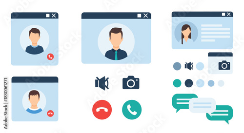 Flat style video call interface elements with user avatars and communication icons