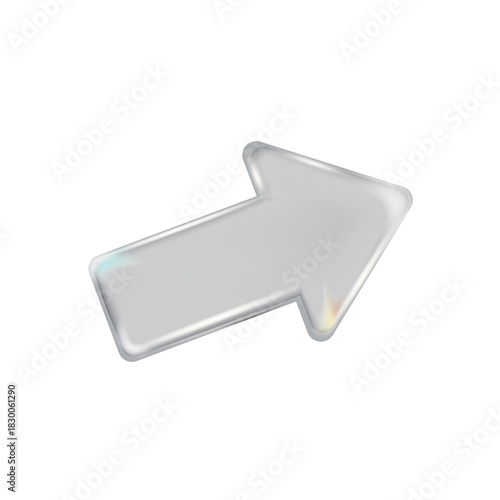3d glass arrow icon with refraction and holographic effect isolated on white background. Render transparent glass