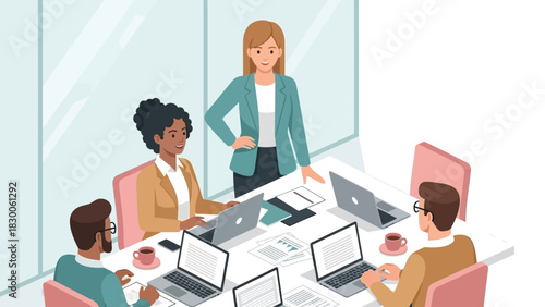 Team collaboration in a modern office setting with diverse professionals