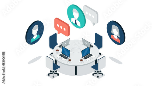 Isometric office meeting with laptops and chat bubbles