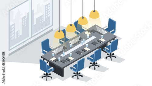 Modern isometric office conference room with city view and blue chairs