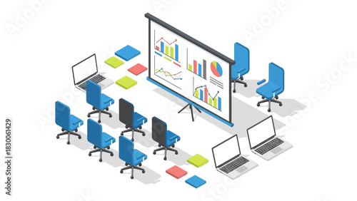 Modern isometric office setup with chairs and laptops for business presentation