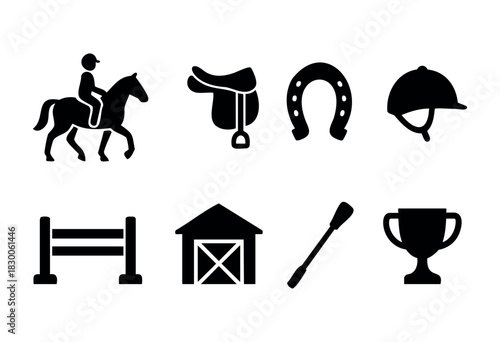 Flat vector icons representing equestrian sports and horse riding equipment — stock vector.