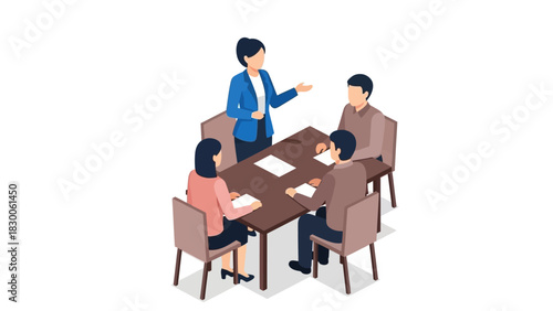 Isometric team meeting with diverse professionals around a conference table