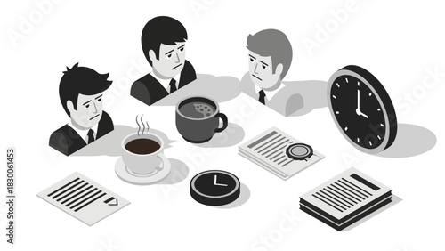 Isometric business meeting: monochrome team with desk accessories and clocks