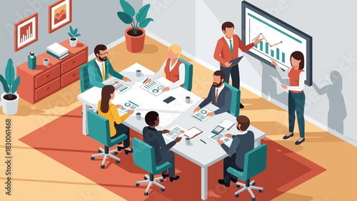 Modern office team collaboration in a flat design conference room