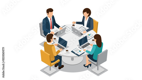 Team collaboration in modern office: isometric business meeting with laptops and coffee