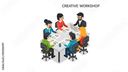Collaborative team meeting with creative professionals in isometric style