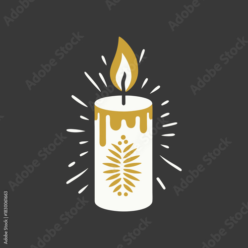 Simple illustration of decorative candle with dripping wax and festive leaf pattern in flat style on dark background for holiday cards