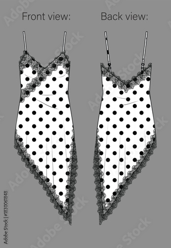 Vector technical drawing lace trimmed camisole top for woman, long asymmetric hem dress with shoulder straps fashion CAD, template, flat. Tunic sketch with scalloped lace trim in black dots pattern