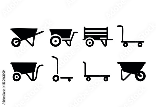 Flat black silhouettes of wheelbarrows, carts, and trolleys — stock vector.