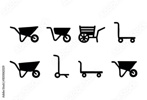 Flat black silhouettes of wheelbarrows, carts, and trolleys — stock vector.