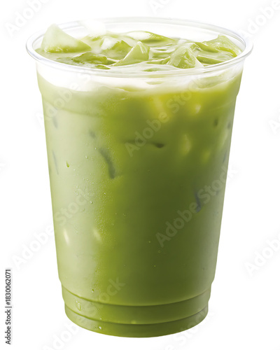 Iced matcha latte in clear plastic cup isolated on a transparent background green tea 2