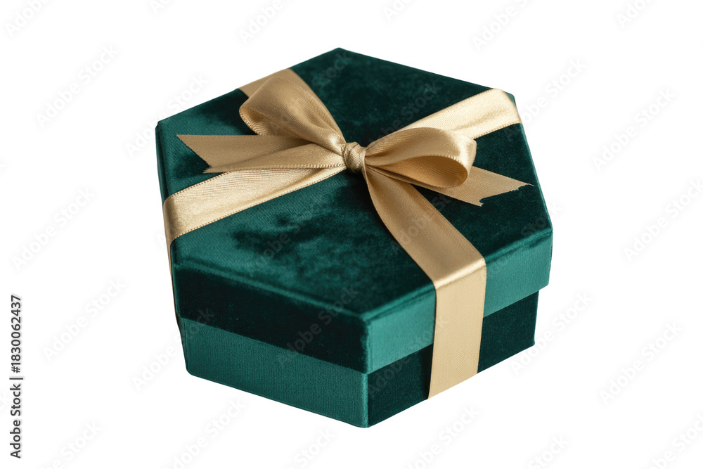 Obraz premium A luxurious hexagonal emerald green velvet gift box with a golden satin ribbon and bow, perfect for a special occasion or celebration. background removed