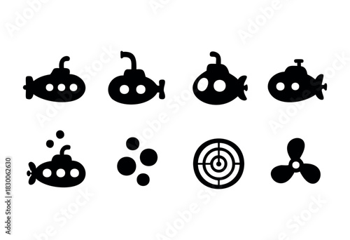 Flat vector silhouettes of submarines and underwater exploration symbols — stock vector.