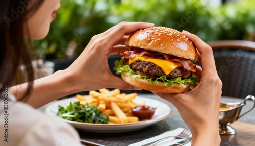 A woman's hands holding a delicious hamburger with sesame seed buns and tomato, close-up.