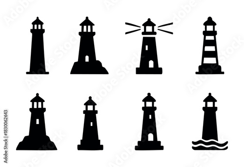 Flat black vector collection of lighthouse and beacon silhouettes — stock vector.