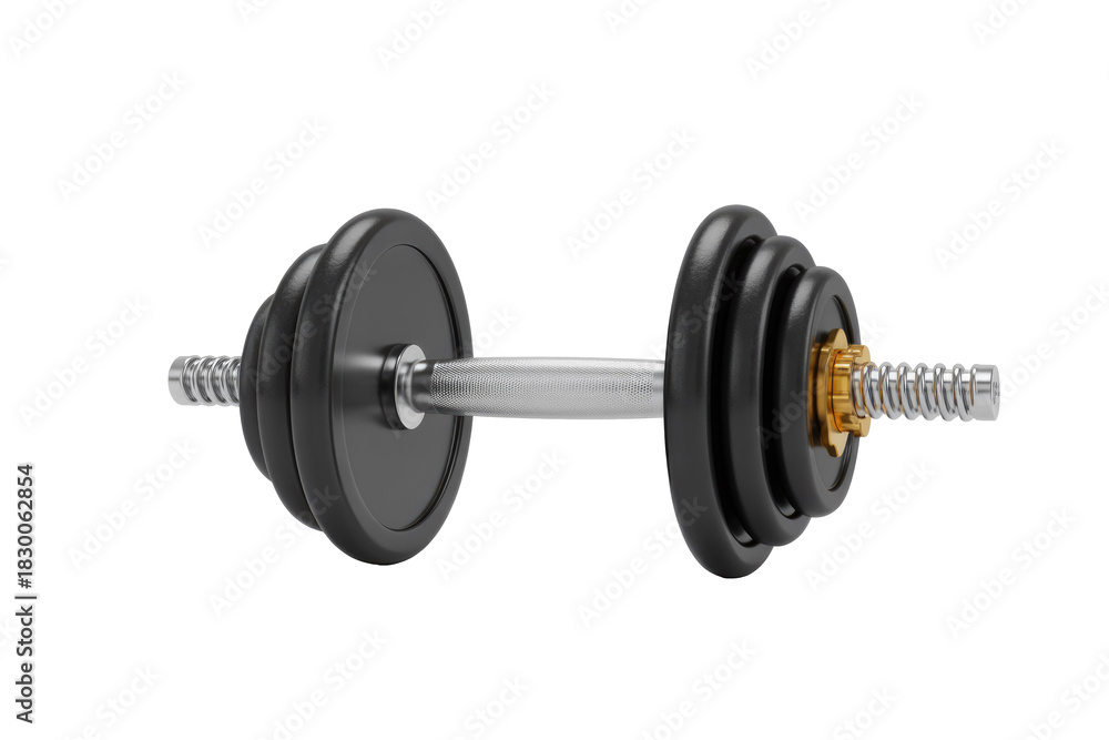 Fototapeta premium An adjustable dumbbell featuring black weight plates, a silver textured handle, and securing collars, one gold-toned, ready for fitness and strength training. background removed
