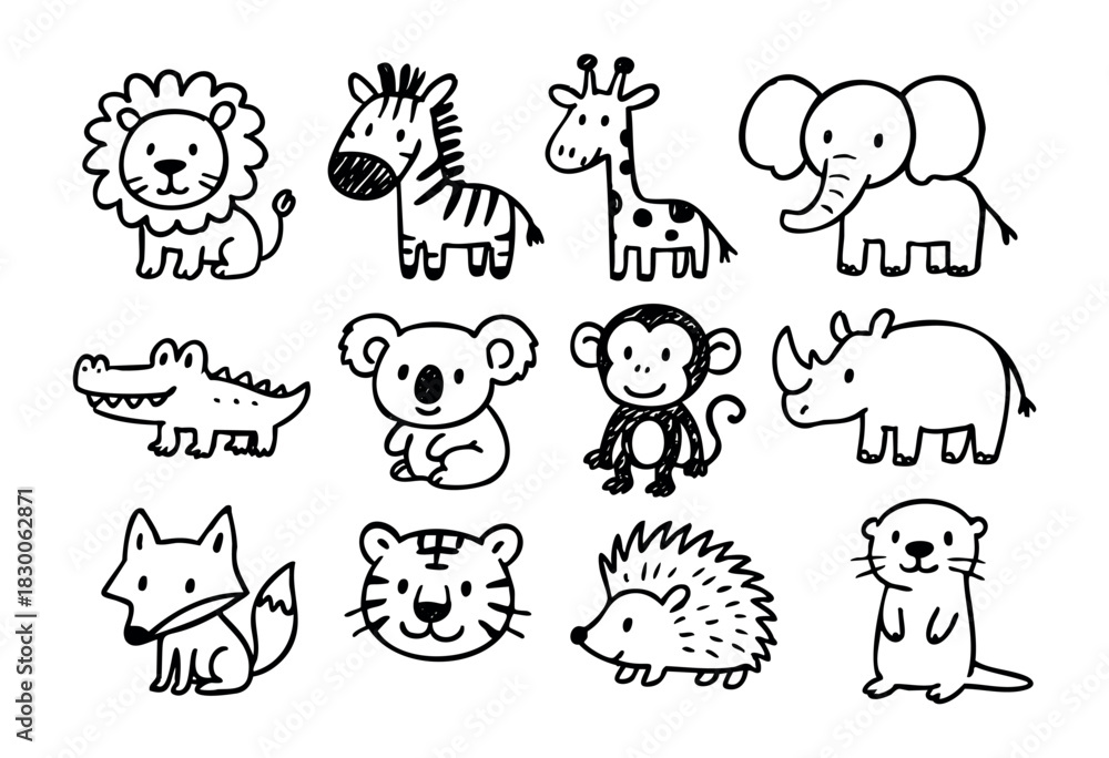 Obraz premium Cute hand-drawn doodle animals — cartoon zoo creatures and wildlife — stock vector.
