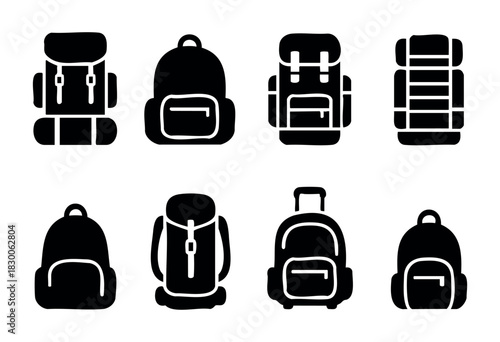 Flat black vector icons of backpacks and travel bags — stock vector.