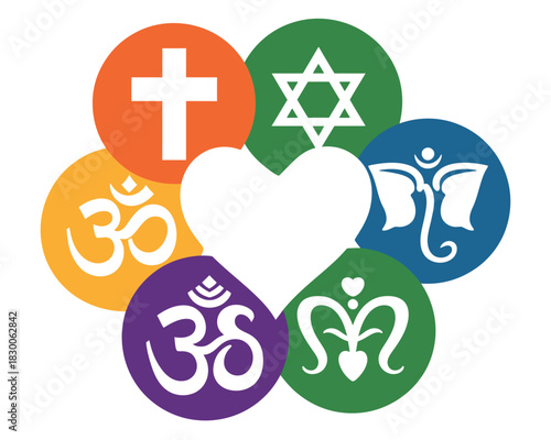 Religious symbols are arranged in a circle around a white heart.