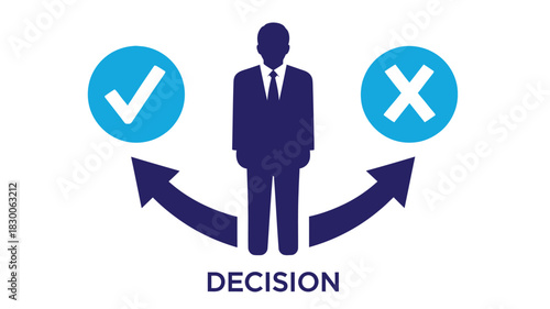 A businessman stands between a checkmark and an x representing a crucial decision point