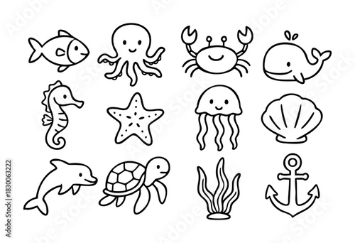 Hand-drawn doodle marine animals and ocean creatures — stock vector.
