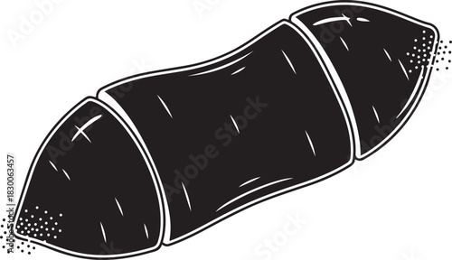 Black and white graphic illustration of a segmented root vegetable with white highlights and speckles