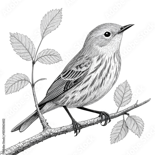 Detailed black and white illustration of a small bird perched on a branch