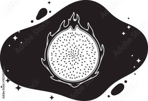 Black and white graphic illustration of a sliced dragon fruit with seeds on a dark abstract background with stars and dots