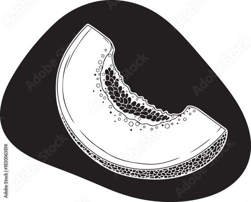 Black and white line art illustration of a papaya slice with seeds on a dark background fruit food