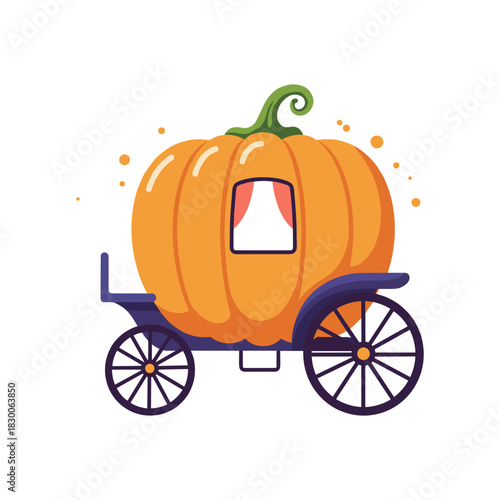 Bright orange pumpkin carriage with purple wheels for fairy tale and Halloween celebration