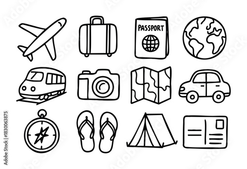 Hand-drawn doodle icons of travel and vacation elements — stock vector.