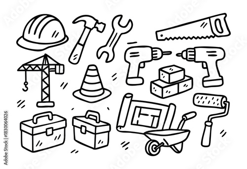 Hand-drawn doodle construction and building tools — helmet, hammer, drill, and crane — stock vector.