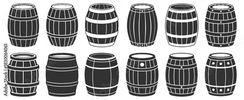 Wooden barrel icons featuring whiskey, wine, and beer casks, ideal for packaging design, beverage branding, product labels, digital graphics, marketing materials, rustic projects, craft alcohol 