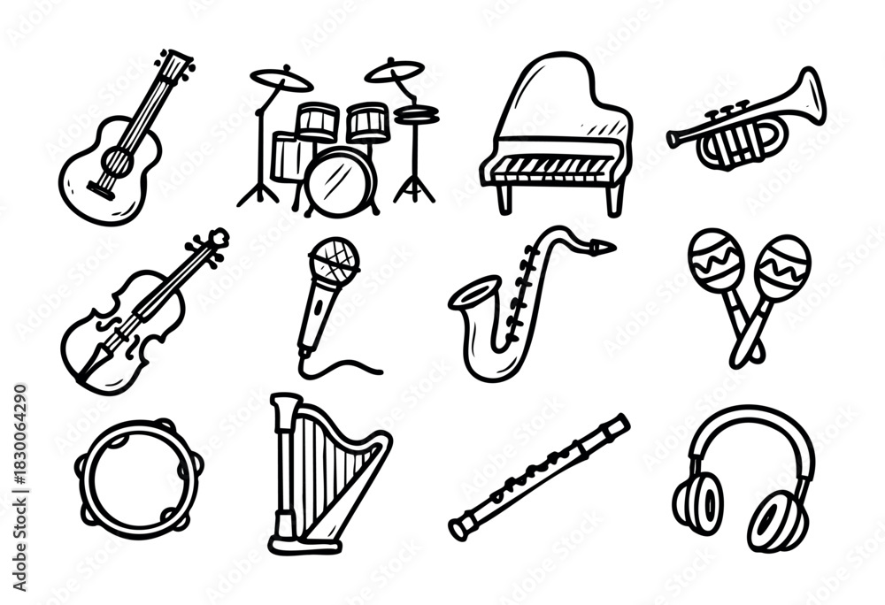 Obraz premium Hand-drawn doodle musical instruments — guitar, piano, violin, and microphone — stock vector.