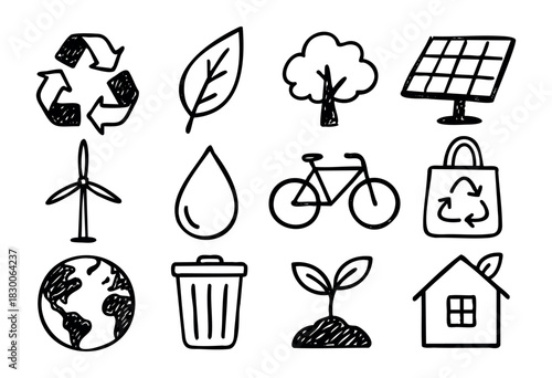 Hand-drawn doodle eco and environmental symbols — recycle, leaf, earth, and solar panel — stock vector.