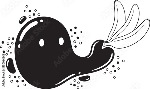 Black cartoon whale with bananas emerging from its blowhole and scattered circles black and white illustration